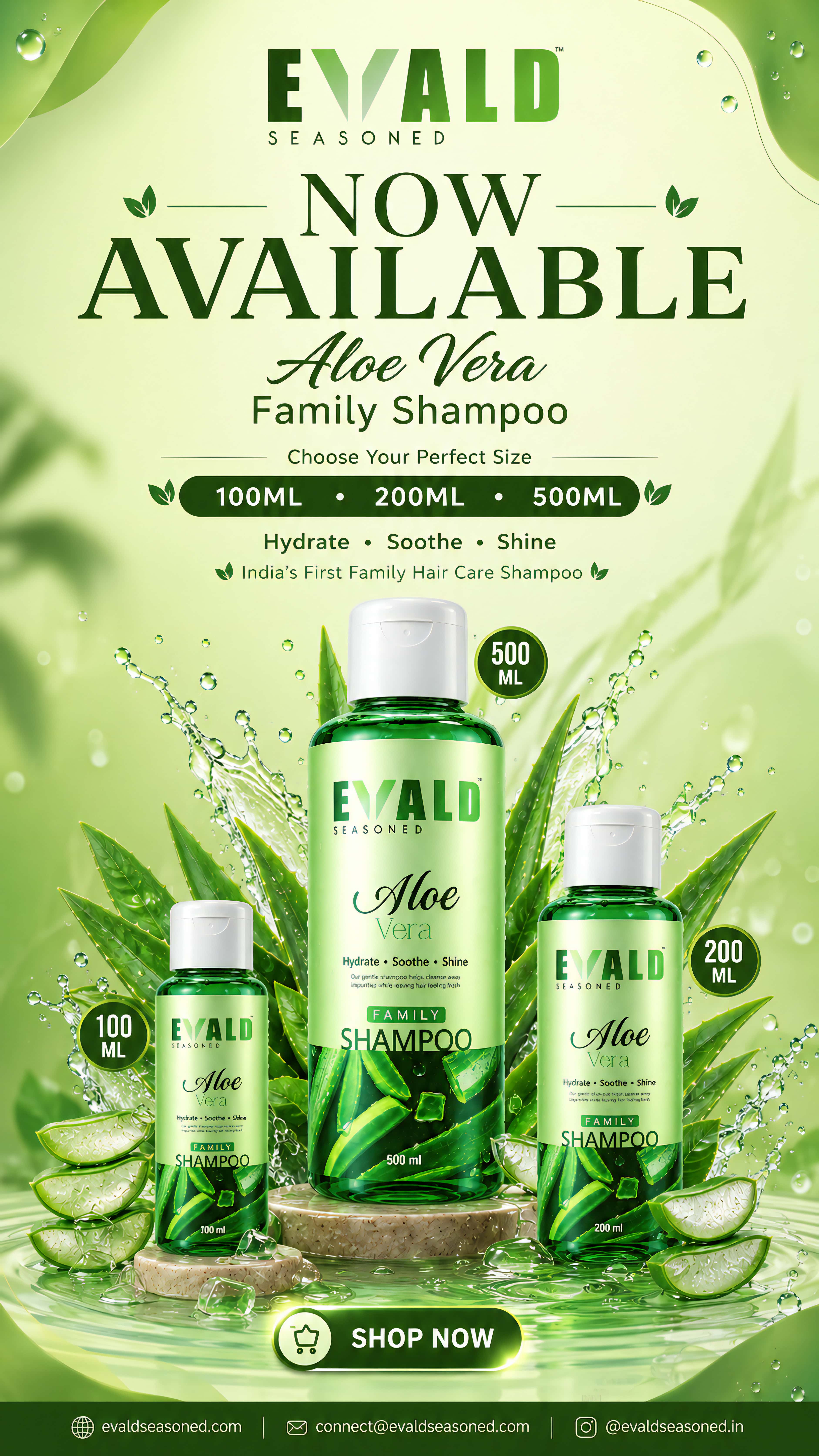 EVALD Seasoned Aloe Vera Shampoo in 100 ml, 200 ml and 500 ml bottles